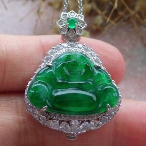 Sterling silver 925 Green jadeite Jade Buddha Pendant Necklace